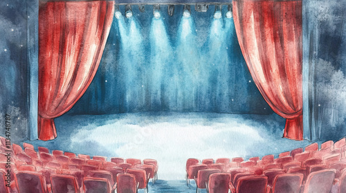 theater stage with red curtains, surrounded by chairs for the audience