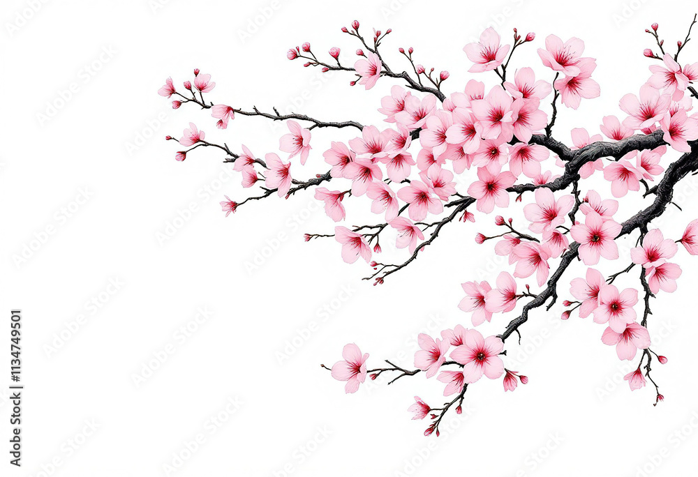 Fototapeta premium Delicate Pink Cherry Blossom Branch Against a White Background