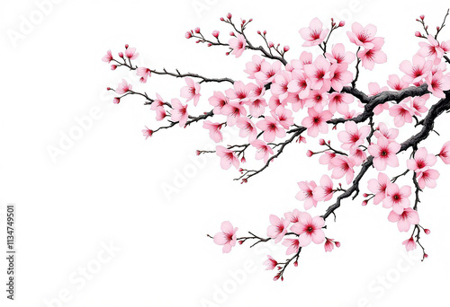 Delicate Pink Cherry Blossom Branch Against a White Background