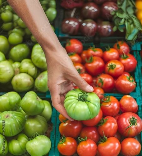 A person is checking and picking a tomato in a grocery store from top view photo