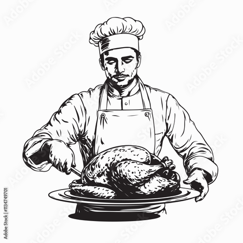 Vector Illustration of a Stylish Male Chef Serving a Deliciously Roasted Turkey or Chicken Dish