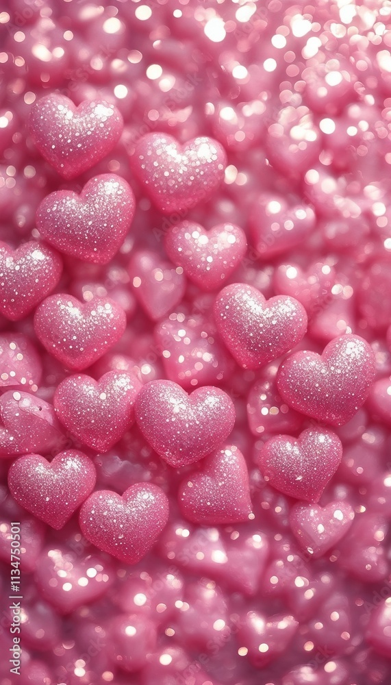 Glittery pink heart-shaped decorations with sparkling background. Love, romantic and festive vibe concept. Ideal for greeting cards, Valentine's Day, decor, and festive materials Glittery pink heart-shaped decorations with sparkling background. Love, romantic and festive vibe concept. Ideal for greeting cards, Valentine's Day, decor, and festive materials