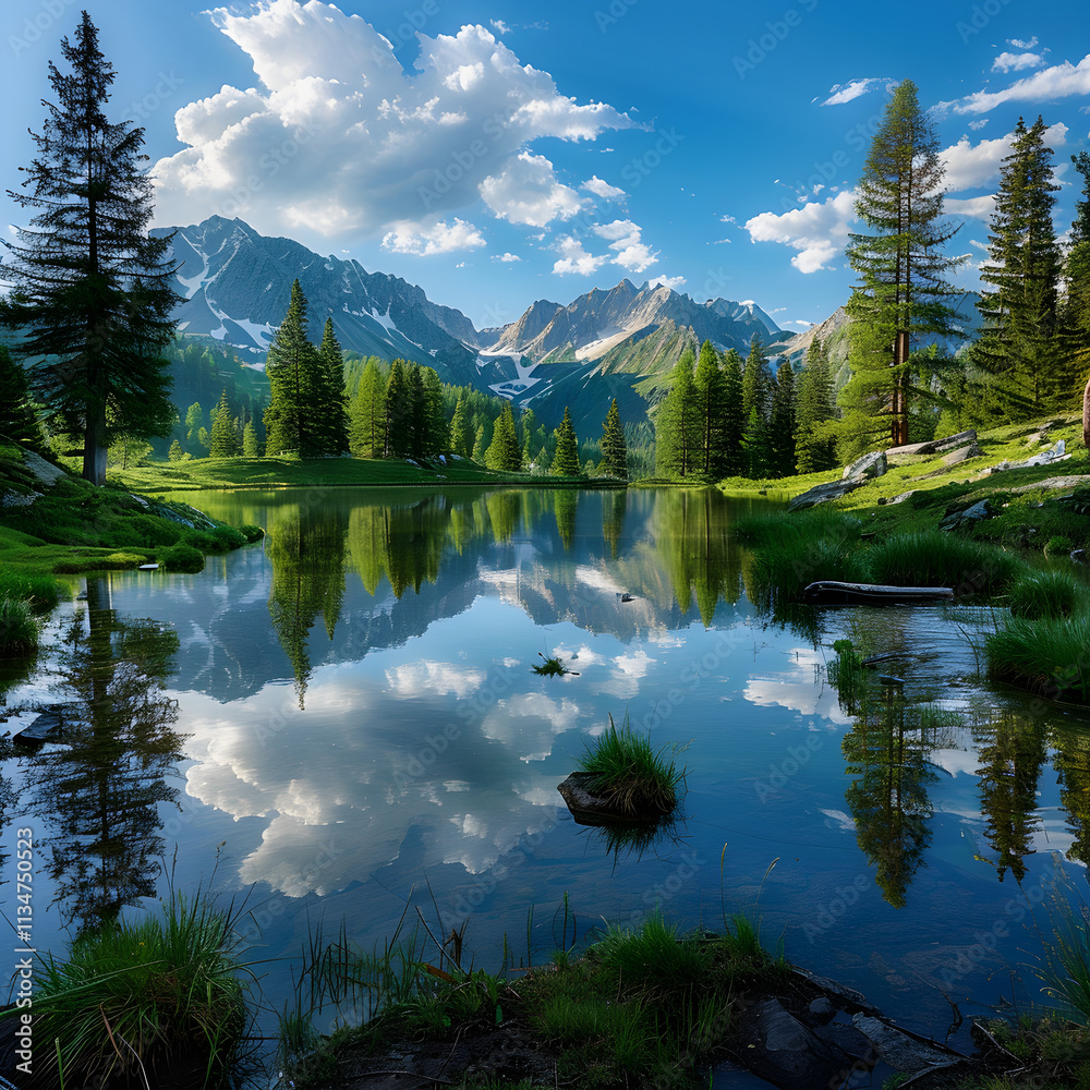 Serenity in Nature: Pristine Mountain Lake with Reflective Waters Surrounded by Lush Pine Trees and Snow-Capped Peaks Serenity in Nature: Pristine Mountain Lake with Reflective Waters Surrounded by Lush Pine Trees and Snow-Capped Peaks