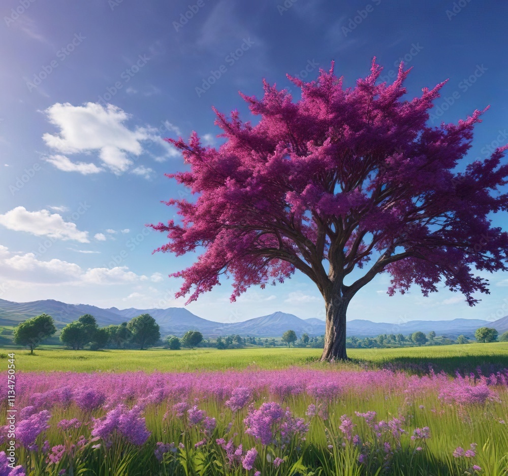 A beautiful purple tree blooms in a lush green field with a clear blue sky, botanical art, rural landscape A beautiful purple tree blooms in a lush green field with a clear blue sky, botanical art, rural landscape