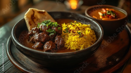 Tender Cape Malay curry in a rustic bowl, garnished with coriander and served with yellow rice, sambals, and a piece of roti on a plate, set on a wooden table with warm lighting.