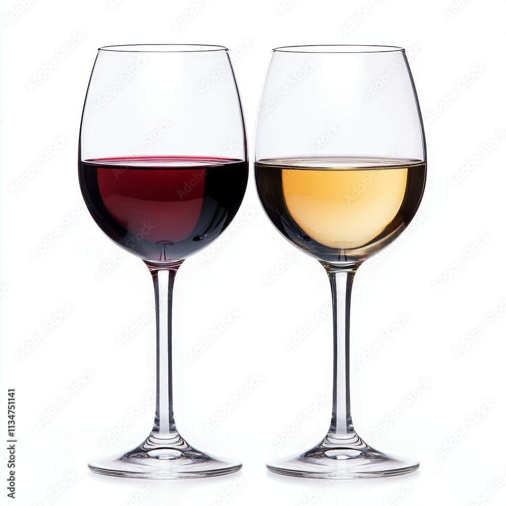 Elegant wine glasses filled with red and white wine, showcasing perfect pairing for any occasion. Ideal for celebrations or intimate dinners Elegant wine glasses filled with red and white wine, showcasing perfect pairing for any occasion. Ideal for celebrations or intimate dinners
