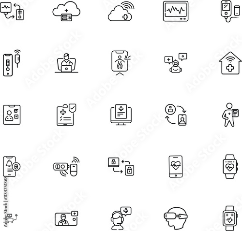 Telemedicine Icons Remote Patient Monitoring, Healthcare Technology, Wireless