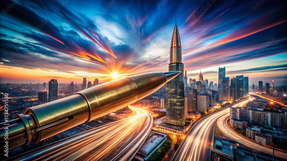 Captivating Double Exposure Photography of a Flying Bullet Merging with a Dynamic Urban Landscape, Symbolizing Speed, Power, and Motion in Contemporary Art Captivating Double Exposure Photography of a Flying Bullet Merging with a Dynamic Urban Landscape, Symbolizing Speed, Power, and Motion in Contemporary Art