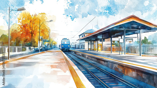 watercolor painting of an outdoor scene of a train station