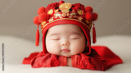 peaceful Chinese newborn wearing traditional red outfit and hat, symbolizing joy and prosperity. serene expression captures essence of cultural heritage and innocence