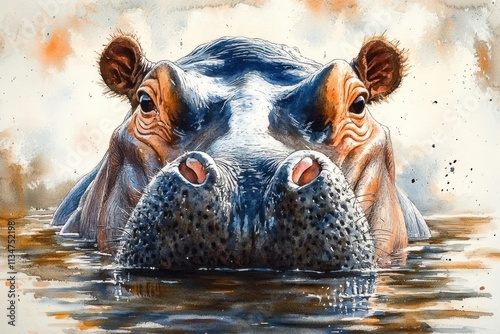 Watercolor Painting of Hippopotamus Emerging from Water with Light Reflections and Serene Atmosphere photo