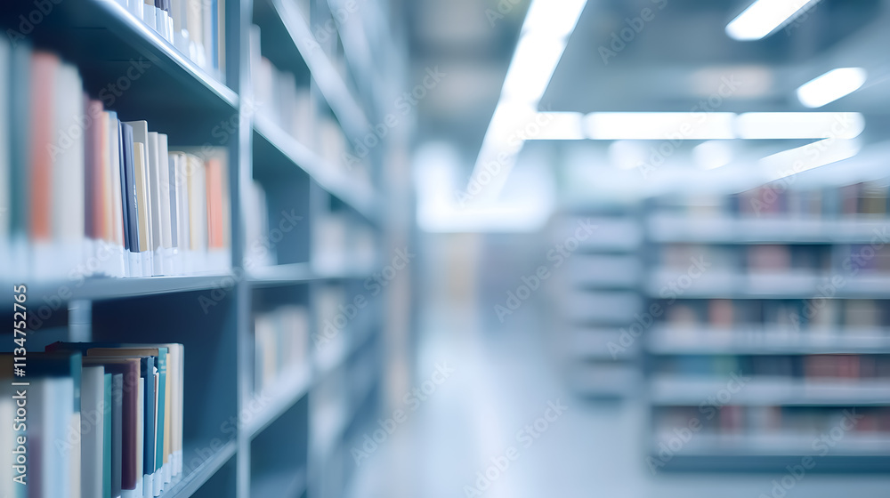 Fototapeta premium Abstract blurred interior of a public library, with defocused bookshelves for a business or educational backdrop