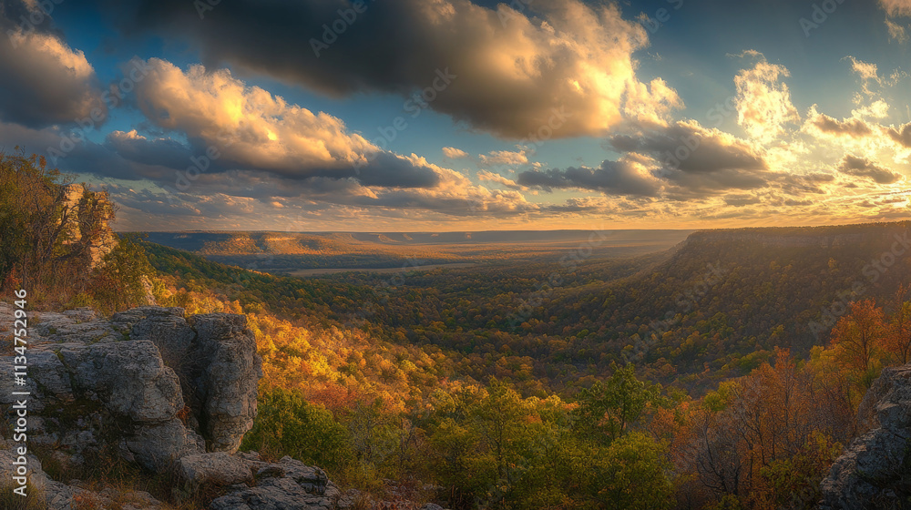 Fototapeta premium Autumn Valley Panorama: Golden Hour Landscape Photography