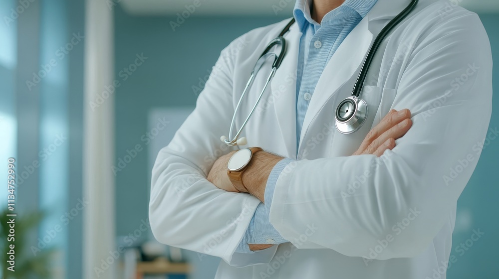 Doctor with Arms Crossed in White Coat - Confident doctor, arms crossed, symbolizes healthcare, trust, expertise, professionalism, and medical care. Doctor with Arms Crossed in White Coat - Confident doctor, arms crossed, symbolizes healthcare, trust, expertise, professionalism, and medical care.