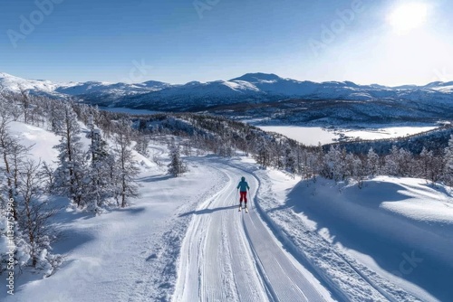 A breathtaking winter landscape showcasing a skier gliding down a snowy trail, revealing majestic mountains and a shimmering lake, embodying the spirit of adventure and freedom. photo