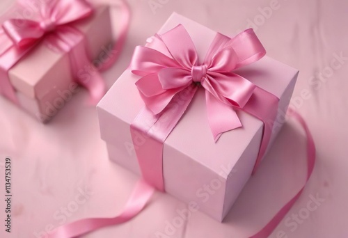 A delicate pink ribbon wrapped around a small gift box with a bow tied on top, interior decoration, gift box
