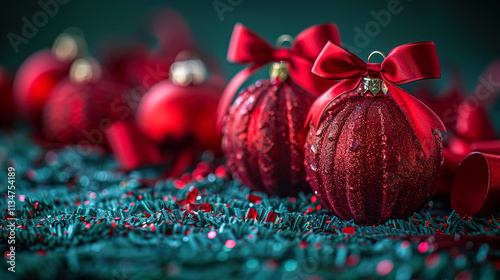 Holiday Gifts and Christmas Red Balls with Copy Space on Green Background