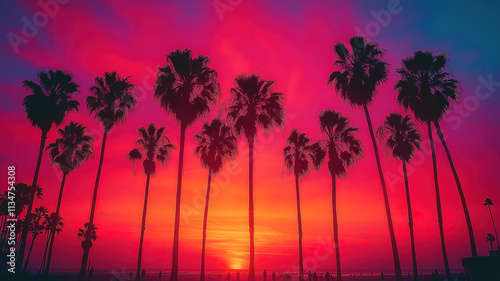 Palm Trees Silhouettes on Tropical Beach at Sunset with Modern Vintage Color Tones