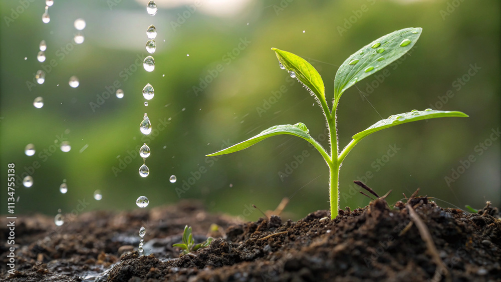 Nurturing Sprout with Water Droplets on Leaf, Falling into Soil for Growth and Renewal Nurturing Sprout with Water Droplets on Leaf, Falling into Soil for Growth and Renewal