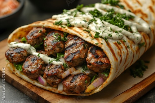 Grilled meat wrap with fresh herbs and sauce on wooden board