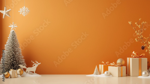 Christmas Ornaments and Decorations Against Vintage Orange Wall with Cozy Lights