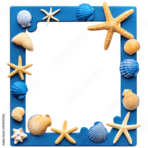 Colorful Coastal Frame Design Adorned with Various Shells and Starfish for Beach-themed Decoration photo