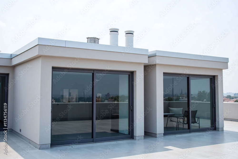 Modern rooftop structure with glass windows and chimneys