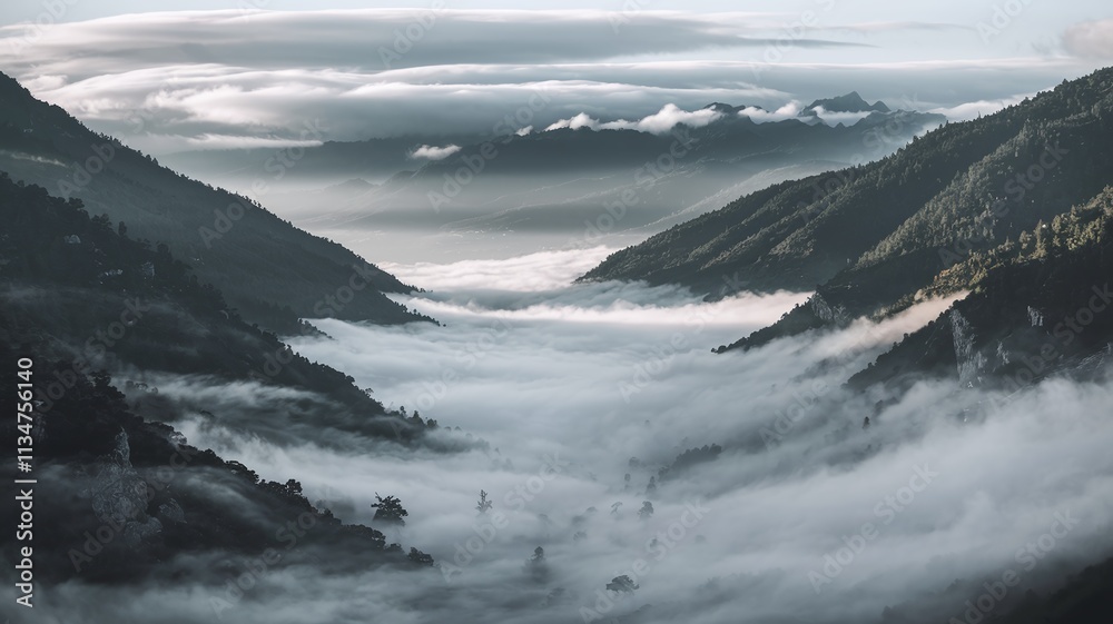 valley filled with thick fog and mountains. valley filled with thick fog and mountains.