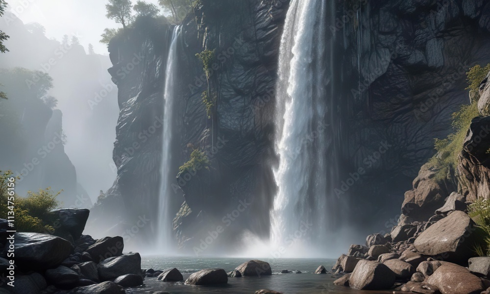 A misty waterfall cascading down a rocky cliff, cliff, rock, waterfall A misty waterfall cascading down a rocky cliff, cliff, rock, waterfall