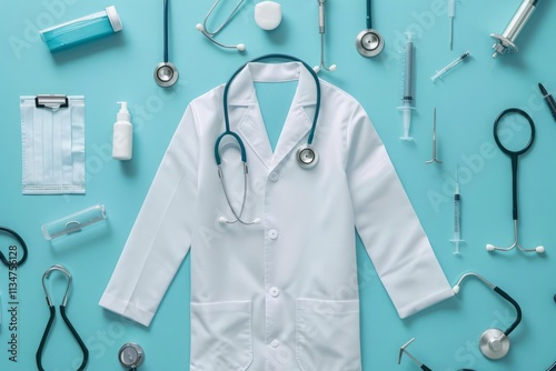 A doctor's coat with an overlay of various medical instruments, representing healthcare tools. photo