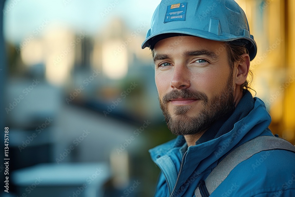 Construction Worker on Rooftop with Cityscape Background Construction Worker on Rooftop with Cityscape Background