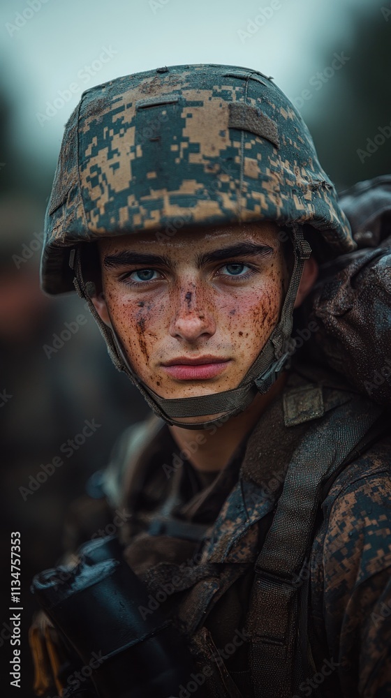 Fototapeta premium Close-up portrait of a young soldier with dirt on his face, wearing a helmet and camouflage uniform.