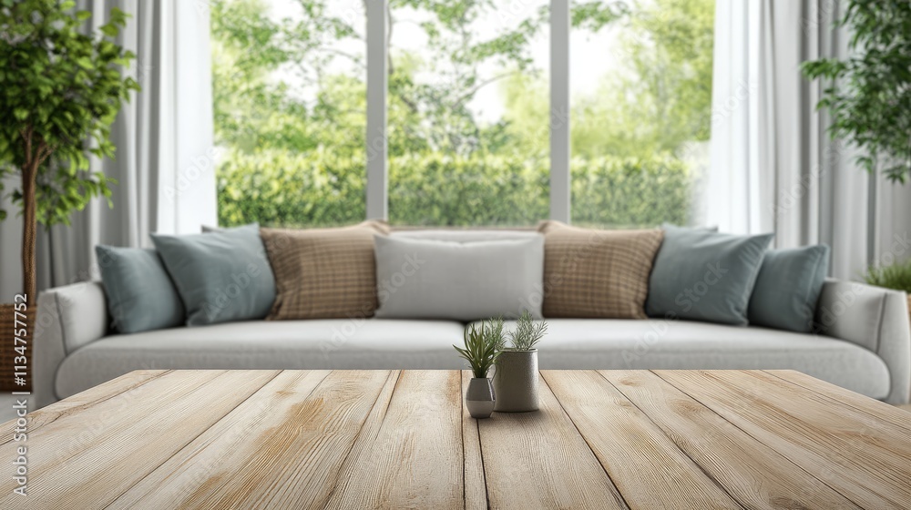 Wood table top on blur living room have sofa and armchair, Wood table top on blur living room have sofa and armchair,