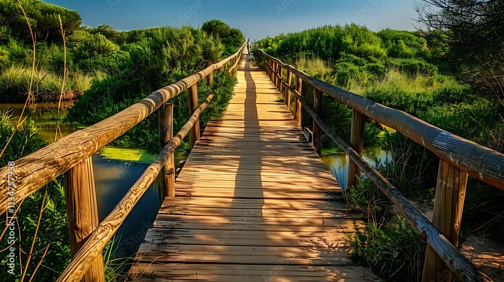 Obraz premium Wooden footbridge over lush wetlands leading to sandy beach, beautiful landscape , footbridge, wooden