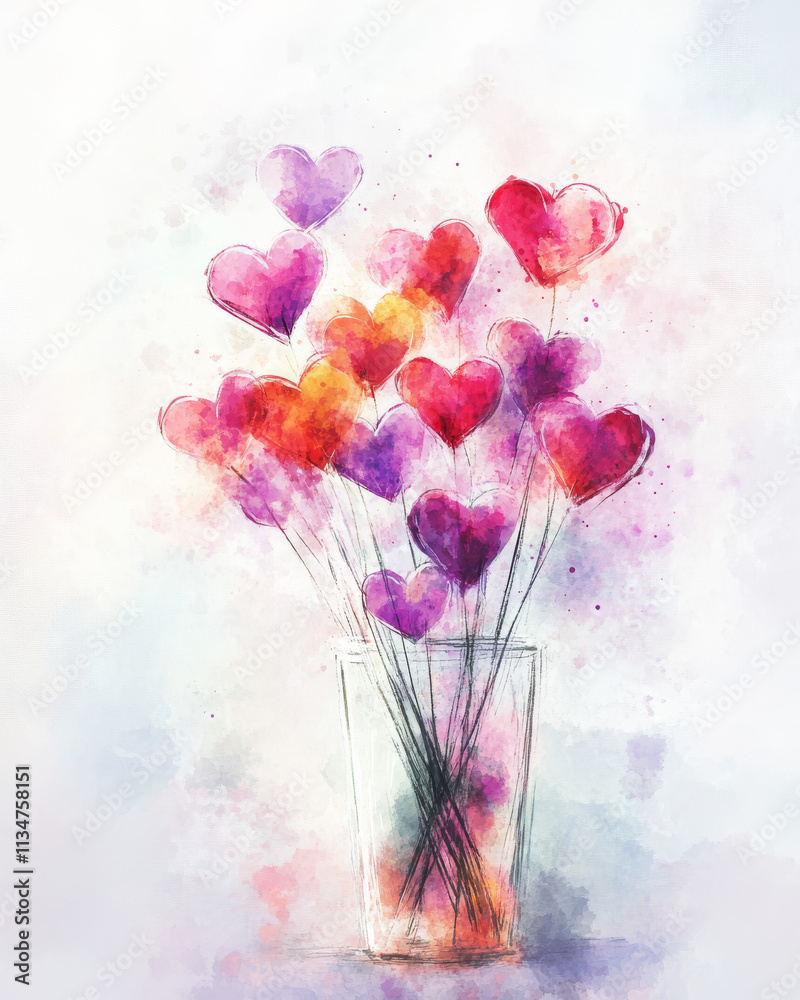 Obraz premium Watercolor Hearts Bouquet in Glass Vase