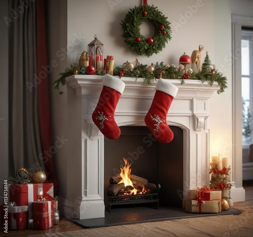 A scene of a stocking hanging from a mantel or shelf with other holiday decorations, shelf, cozy