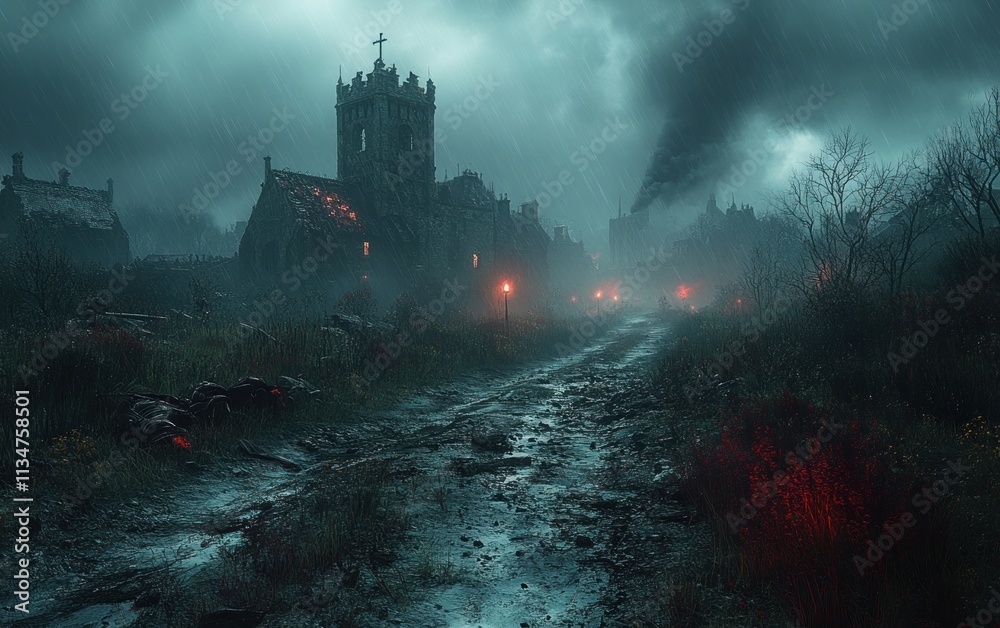 Obraz premium Desolate Battlefield at Dusk with Broken Armor and Scattered Weapons Reflecting the Aftermath of Medieval Warfare