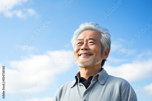 空を見上げる笑顔のシニア男性
