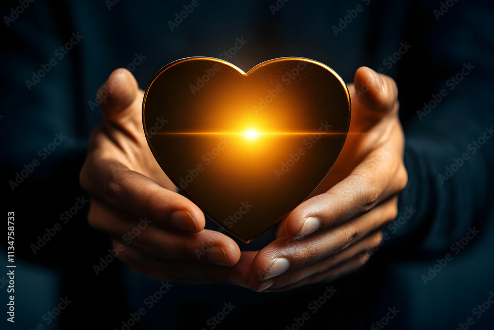 Hands holding a glowing heart symbol. Hands holding a glowing heart symbol.