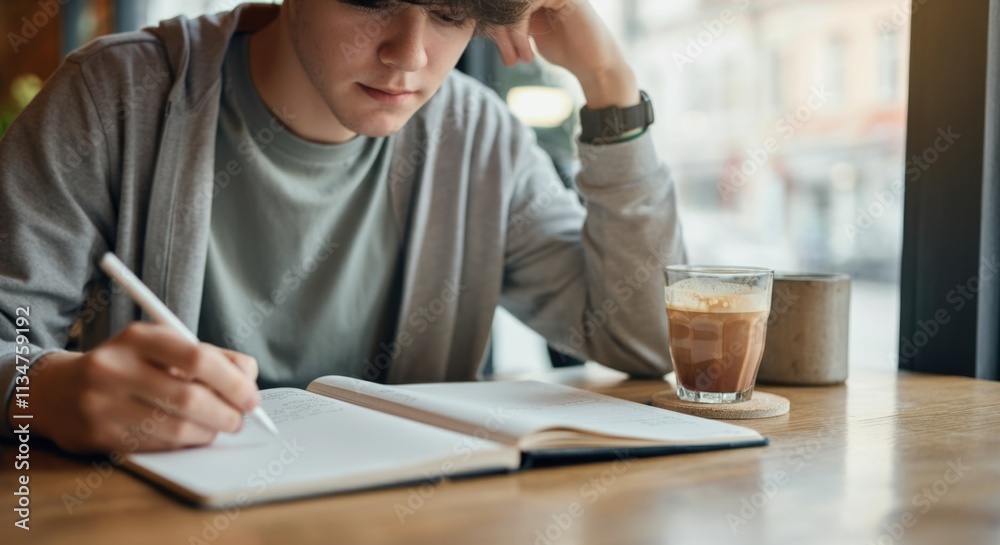 Young caucasian male writing in notebook at cozy cafe with latte Young caucasian male writing in notebook at cozy cafe with latte