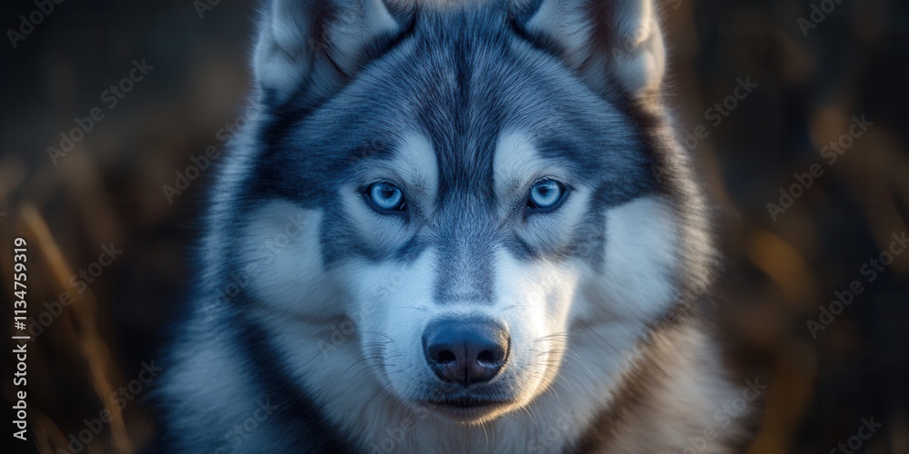 Striking close-up of a husky with piercing blue eyes amidst a natural backdrop during early morning light Striking close-up of a husky with piercing blue eyes amidst a natural backdrop during early morning light