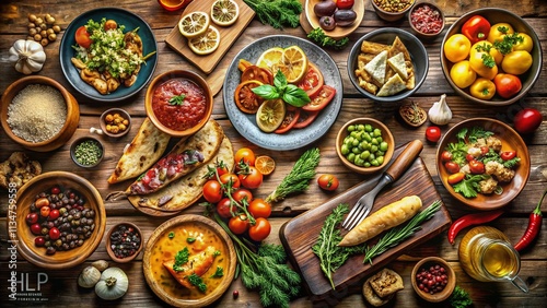 Wallpaper Mural Captivating Food Photography showcasing a HLP File format label contour with vibrant colors, textures, and creative presentation of various culinary delights on a rustic wooden table Torontodigital.ca