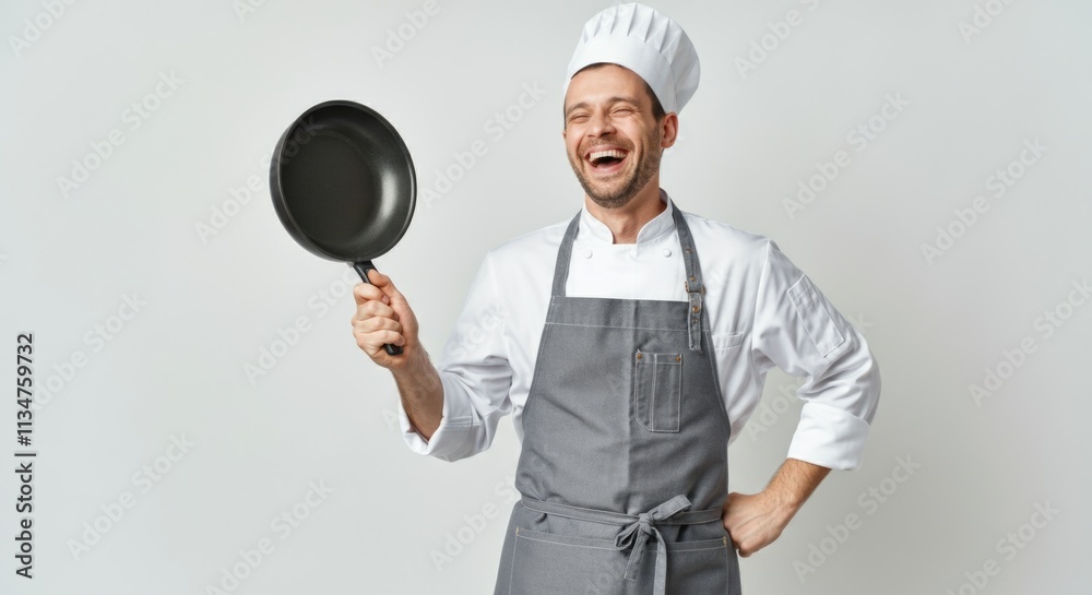 Smiling caucasian male chef holding frying pan in uniform Smiling caucasian male chef holding frying pan in uniform