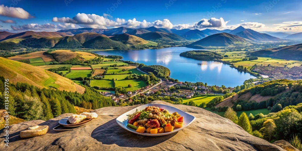 Captivating Food Photography with a Scenic View of Keswick from the Fells, Showcasing Local Delicacies Against a Stunning Natural Backdrop of the Lake District