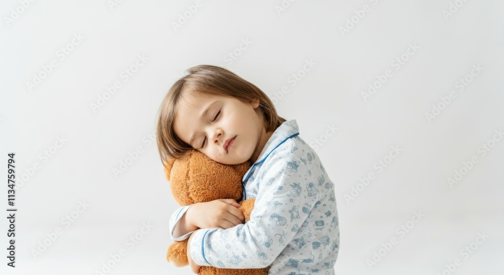 Caucasian child sleeping peacefully hugging teddy bear in pajamas Caucasian child sleeping peacefully hugging teddy bear in pajamas