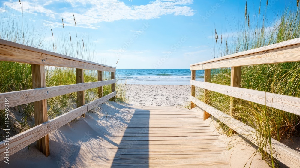 Wooden boardwalk leading to a beach. Light-colored wood, railings, dune grass. Ocean and blue sky in the background. Bright and sunny mood. Wooden boardwalk leading to a beach. Light-colored wood, railings, dune grass. Ocean and blue sky in the background. Bright and sunny mood.