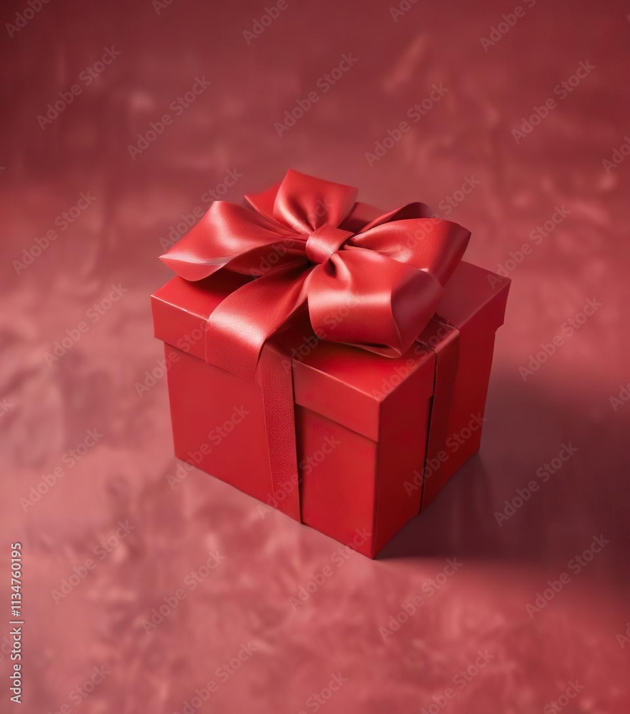 A small, rectangular red gift box with a bow tied to it, decorative item, present A small, rectangular red gift box with a bow tied to it, decorative item, present