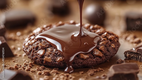 Rich chocolate drizzling over a freshly baked cookie surrounded by chocolate pieces and crumbs in a warm setting photo