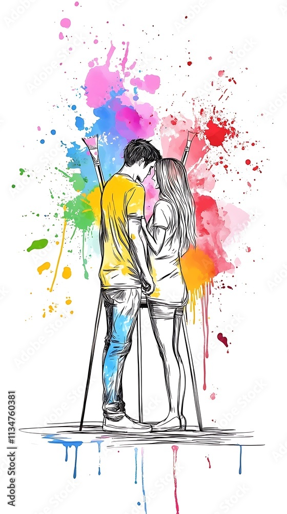 Obraz premium Line art of a couple painting together, minimalist style with splashes of vibrant colors 