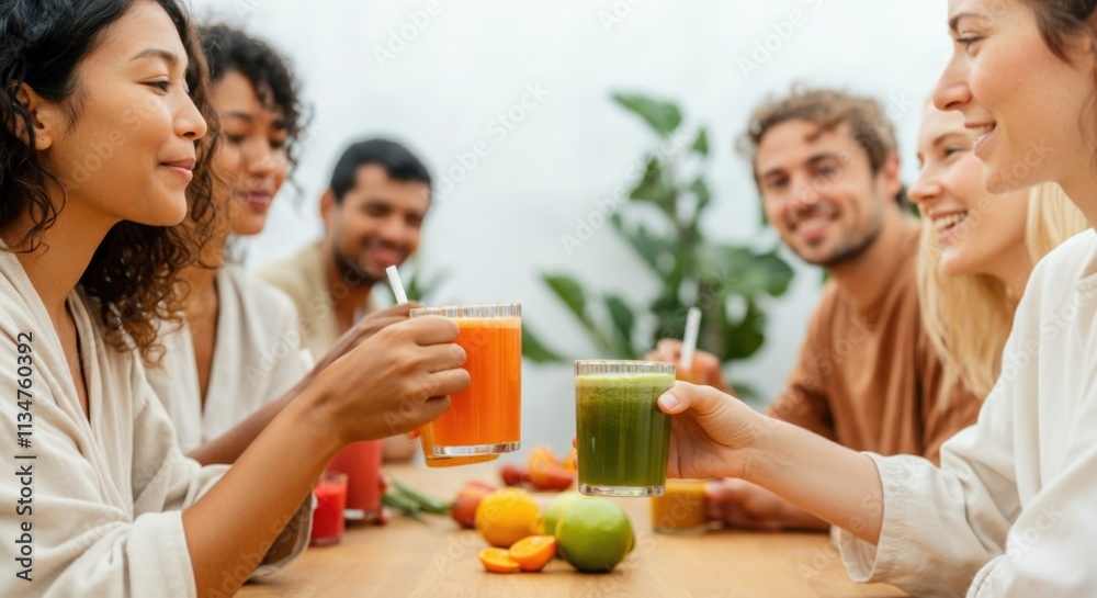 Diverse friends enjoying healthy drinks together at social gathering Diverse friends enjoying healthy drinks together at social gathering